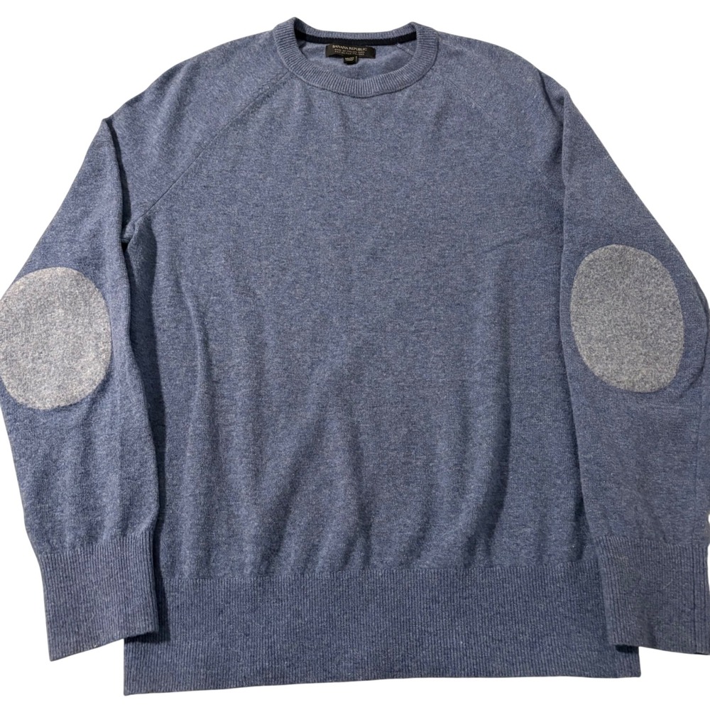 Banana Republic Mens Blue Wool Blend Crewneck Sweater Elbow Patches Medium